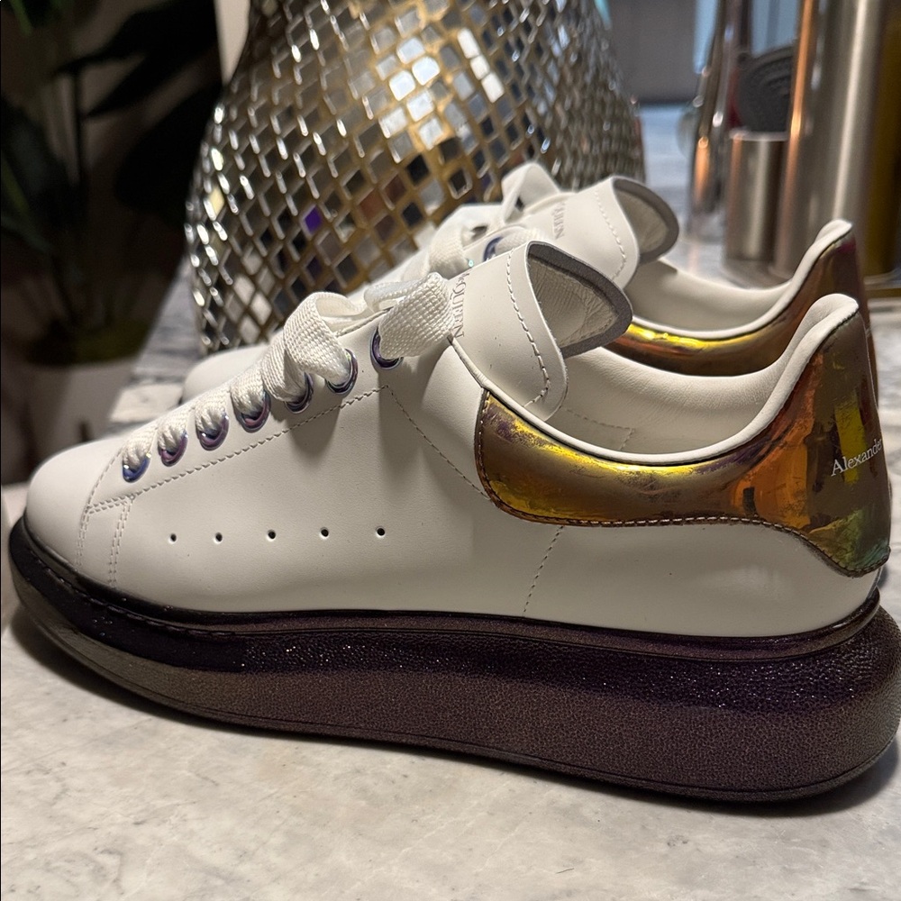 Alexander McQueen White Sneakers with Gold and Black Accents | Size 40